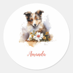 Shetland Sheepdog Puppy Pet Waterverf Flower Ronde Sticker