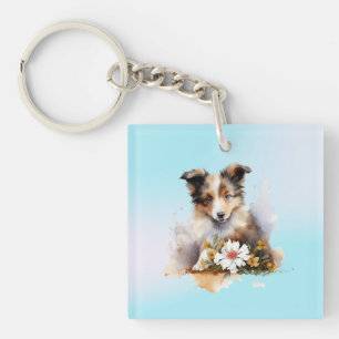 Shetland Sheepdog Puppy Pet Waterverf Flower Sleutelhanger
