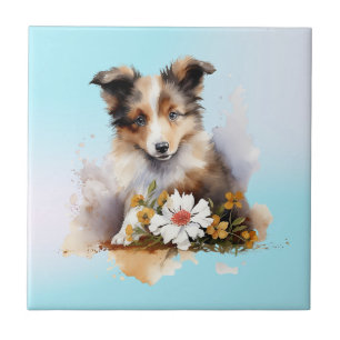 Shetland Sheepdog Puppy Pet Waterverf Flower Tegeltje