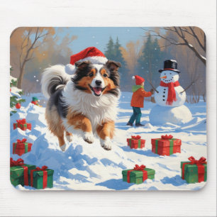 Shetland Sheepdog Rent Sneeuw Met Kerstmuts Muismat