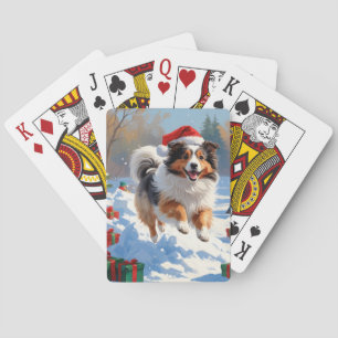 Shetland Sheepdog Rent Sneeuw Met Kerstmuts Pokerkaarten