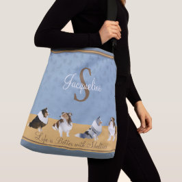Shetland Sheepdog, Row of Shelties on Blue, Yellow Crossbody Tas