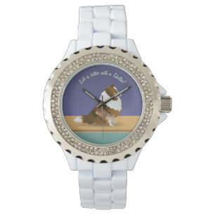 Shetland Sheepdog: Sable Sheltie on paars & green Horloge