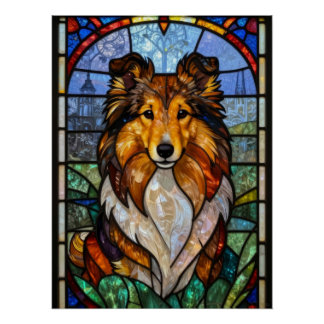 Shetland Sheepdog Sheltie Glas-in-lood Honden Kuns Perfect Poster