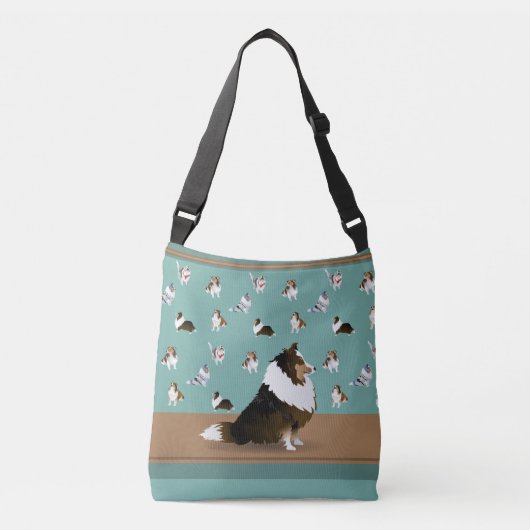 Shetland Sheepdog Tri-Sheltie, over Groen en Bruin Crossbody Tas (Voorkant)