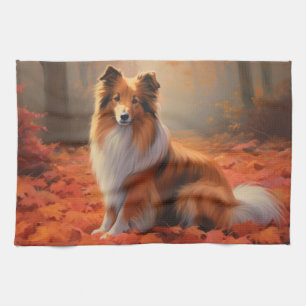 Shetland Sheepdog tussen herfstbladeren inspireert Theedoek