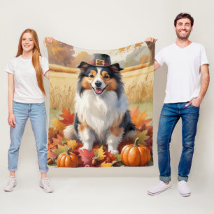 Shetland Shepdyr Herfstbladeren Thanksgiving Kunst Fleece Deken