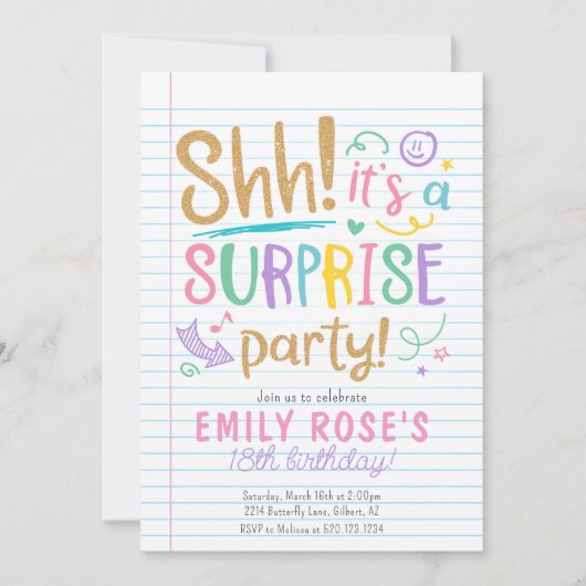 Shh Surprise Anniversaire Ado Fête Invitation (Devant)
