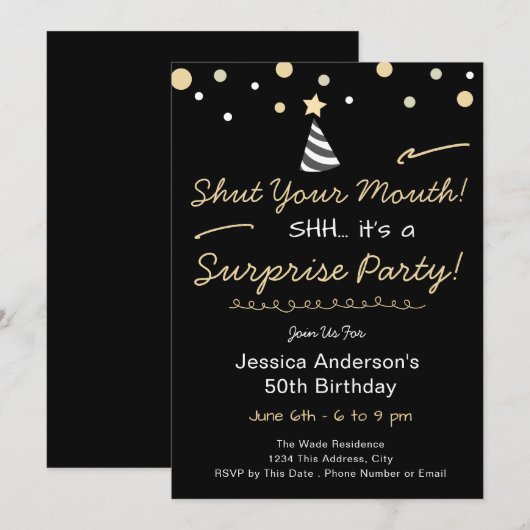 Shh Surprise Birthday Party Kaart (Voorkant / Achterkant)