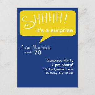 Shhh Surprise Party - Blauw & Goud Uitnodiging Briefkaart