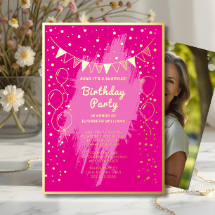 Shhh Surprise Verjaardagsfeest Hot Pink Gold Glam Folie Uitnodiging