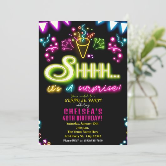 Shhhh Het is een Verrassingsfeestje Neon Confetti  Kaart (Staand voorkant)