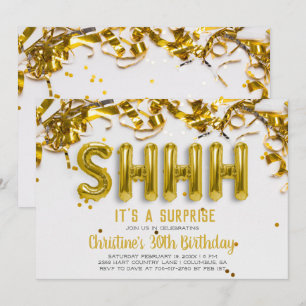Shhhh Surprise Party Invitation   Goudballonnen Kaart