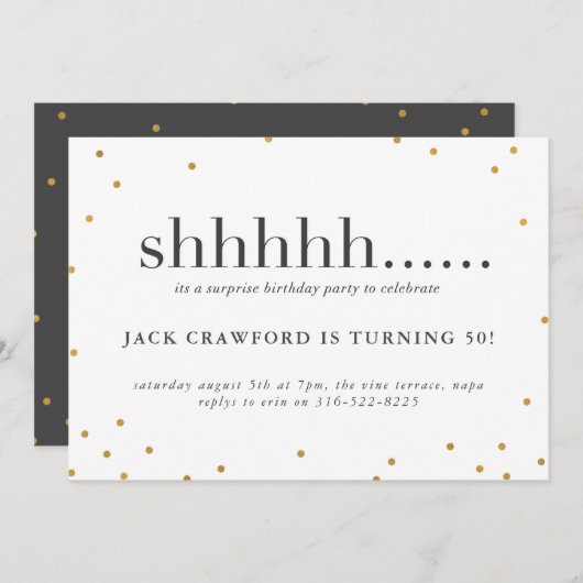 Shhhhh, verrassingsfeestdag uitnodiging (Voorkant / Achterkant)