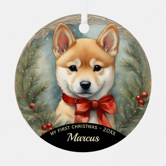 Shiba Inu Chiot Premier Ornement de Noël (Recto)