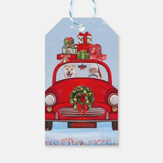 Shiba Inu Dog in auto met kerstman Cadeaulabel (Achterkant)