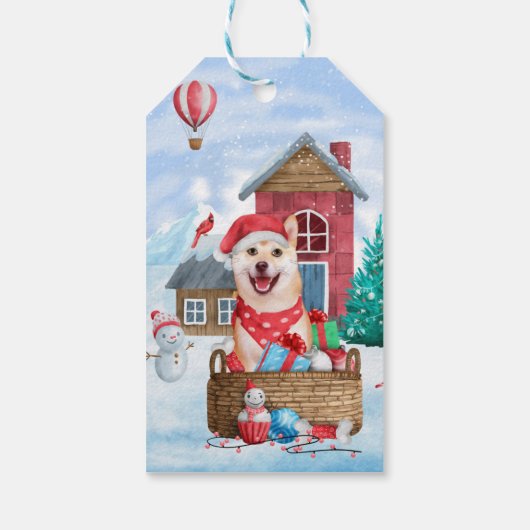 Shiba Inu Dog in sneeuwkersthondenhuis Cadeaulabel (Achterkant)