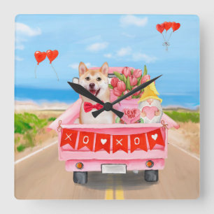 Shiba Inu Dog Valentijnsdag Truck Hearts Vierkante Klok