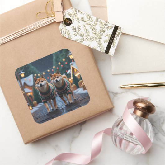 Shiba Inu Dogs Christmas Snow Holiday Vierkante Sticker (Geschenken)