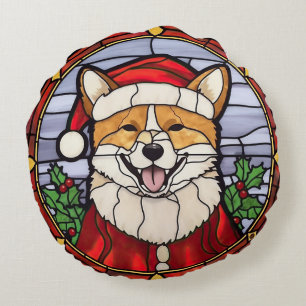 Shiba Inu Gebrandschilderd Glas Kerstmis Rond Kussen