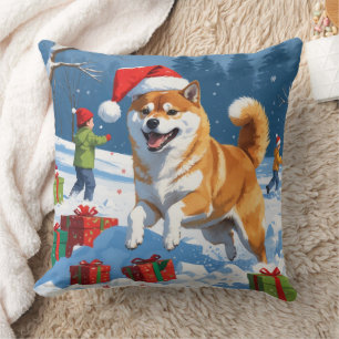 Shiba Inu hardlopen in de sneeuw met kerstmuts Kussen