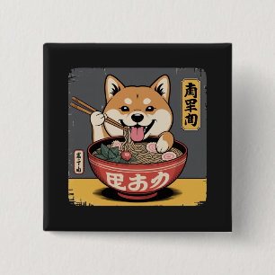 Shiba Inu Hond Eten Ramen Vierkante Button 5,1 Cm