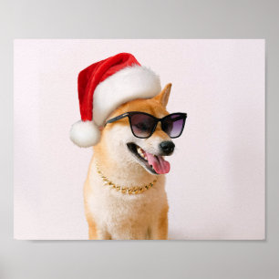 Shiba Inu-hond in de rode petten van Santa Claus Poster