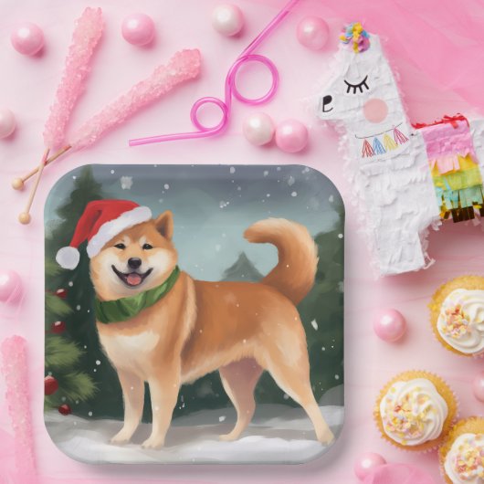 Shiba Inu Hond in Sneeuw Kerstmis Papieren Bordje (Feest)