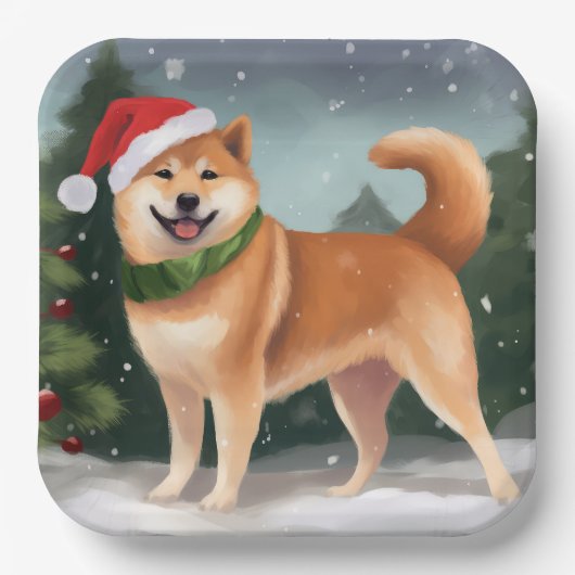 Shiba Inu Hond in Sneeuw Kerstmis Papieren Bordje (Voorkant)