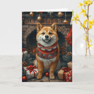 Shiba Inu-hond met kerstcadeaus bij de open haard Kaart