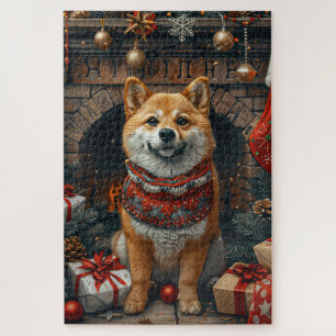 Shiba Inu-hond met kerstcadeaus bij de open haard Legpuzzel