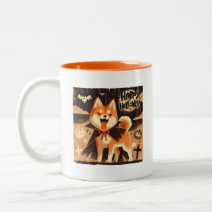 Shiba Inu hond verkleed als vampier voor Halloween Tweekleurige Koffiemok