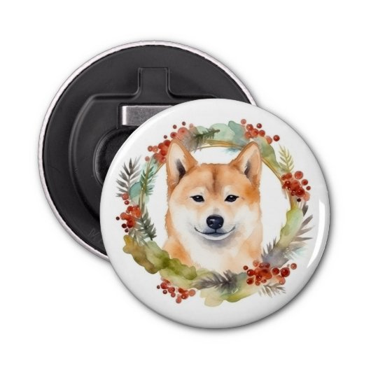 Shiba Inu Kerstkrans feestelijke pup Button Flesopener (Voorkant)