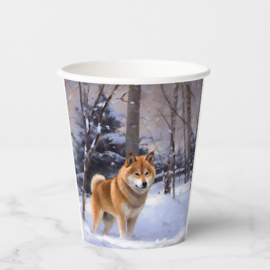 Shiba Inu Laat Het Sneeuw Kerstmis Papieren Bekers (Voorkant)