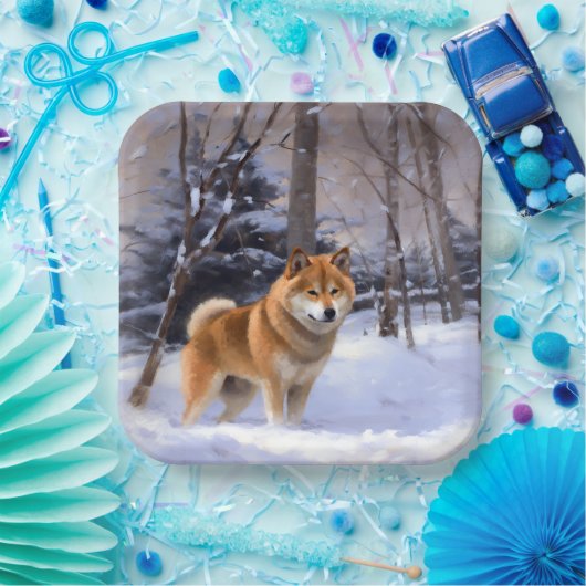 Shiba Inu Laat Het Sneeuw Kerstmis Papieren Bordje (Feest)