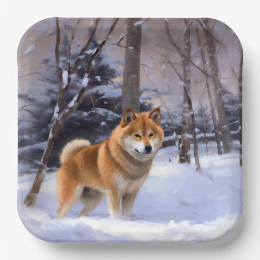 Shiba Inu Laat Het Sneeuw Kerstmis Papieren Bordje (Voorkant)