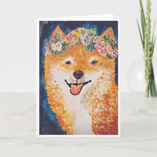 Shiba Inu met bloemenslinger Kaart<Blank Inside> (Voorkant)