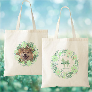 Shiba Inu Mintgroene Bloemenkrans Aangepaste Naam Tote Bag