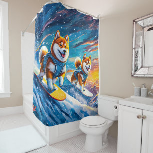 Shiba Inu op snowboards ontwerp van Rich AMeN Gill Douchegordijn