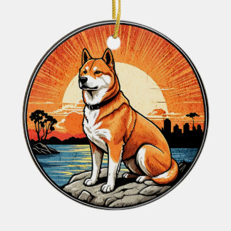 Shiba Inu Retro Zonsondergang Hond Liefhebber Keramisch Ornament