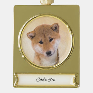 Shiba Inu (rood) schilderen - Origineel Hond Kunst Verguld Banner Ornament