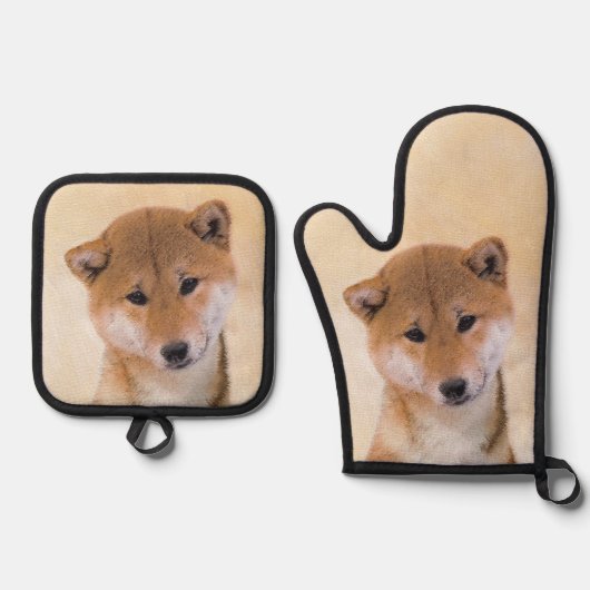 Shiba Inu Schilderij Rood Schattige Originele Pet  Ovenwant & Pannenlap Set (Voorkant)