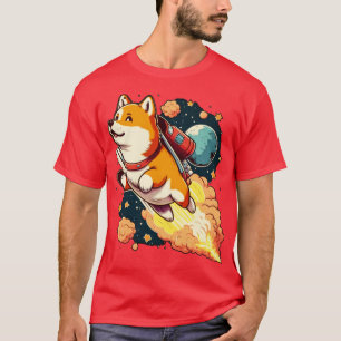 shiba inu vliegt de ruimte in met een raket t-shirt