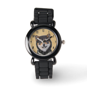 Shiba Inu (Zwart en Lichtbruin) Schilderij - Honde Horloge