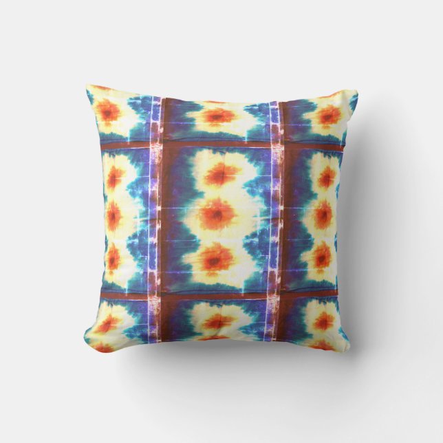 Shibori Fabric Boho Blue Orange Tie Dye Coussin (Recto)