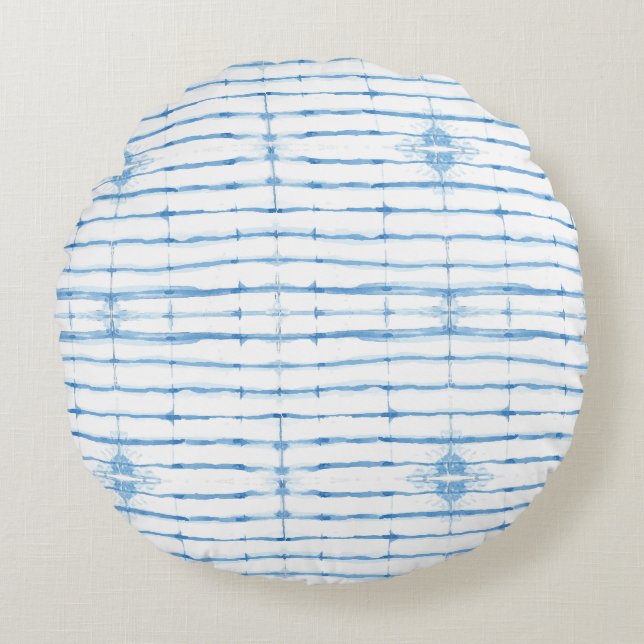 Shibori Tie Dye Blue Line Pattern Rond Kussen (Voorkant)