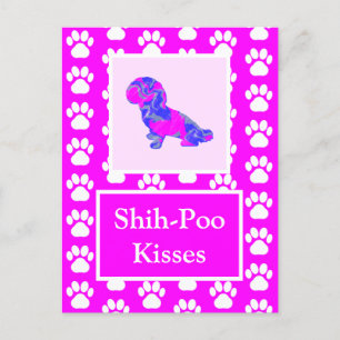 Shih-Poo Dog Kisses Silhouette in Cute Pink & Blue Briefkaart