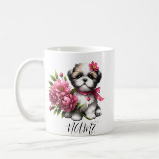 Shih Tzu Café Mug - Cute Chiot avec Fleurs Cadeau