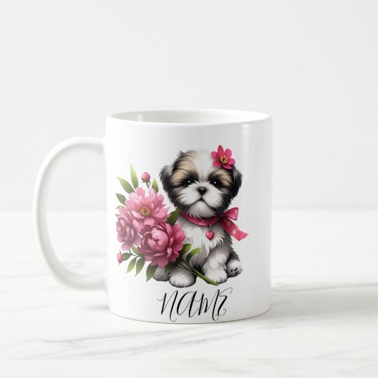 Shih Tzu Café Mug - Cute Chiot avec Fleurs Cadeau (Gauche)