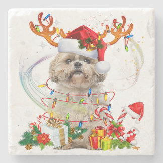 Shih Tzu Christmas Reindeer | Christmas Lights Stenen Onderzetter